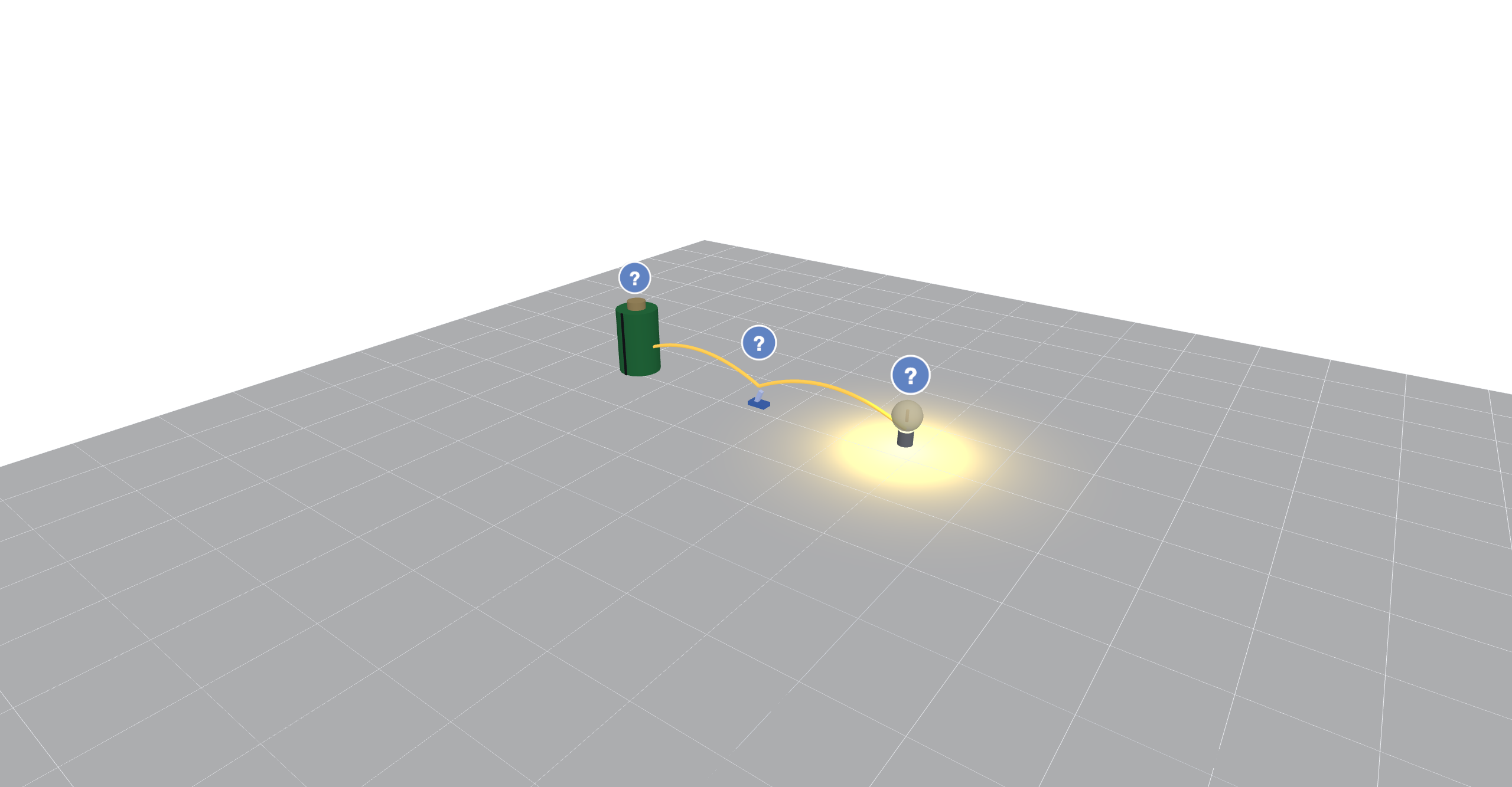 A battery wired through a closed switch to a lit lightbulb in the LabPocket 3D playground